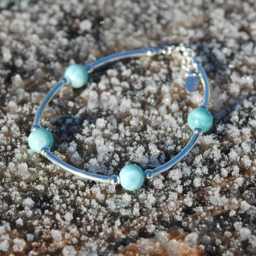 Solid silver Larimar blue pearl semi-rigid bracelet