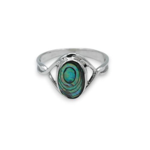 Oval abalone mother-of-pearl ring and solid silver interlacing