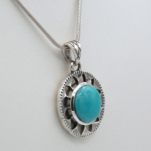 Round turquoise sun pendant in solid silver