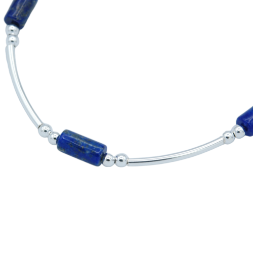 Semi-rigid bracelet solid silver cylinder beads genuine lapis lazuli stone
