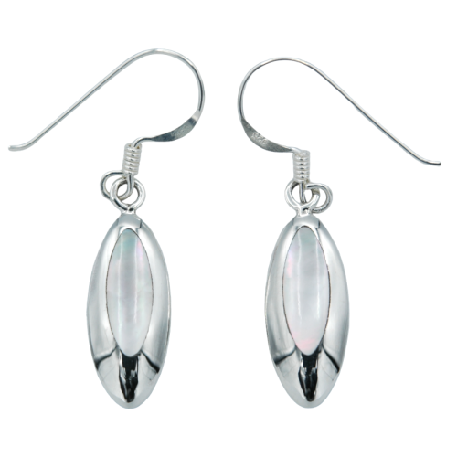 Modern dangling oval earrings in sterling silver and white mother-of-pearl