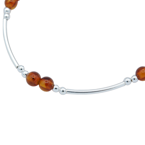 Semi-rigid silver bracelet amber beads fossil resin