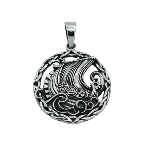 Viking Drakkar and shields pendant with symbols in sterling silver 925